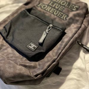 Linda finegold Assholes Live Forever leopard backpack